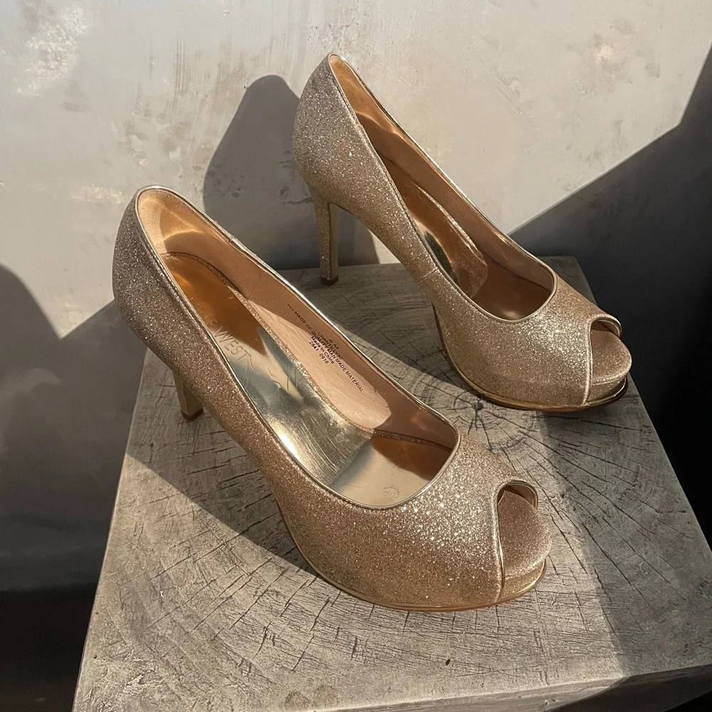 Nine West Glittering Gold Peep-Toe Heels